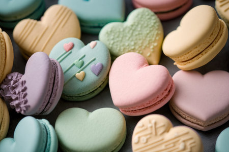 close-up of heart-shaped macarons in pastel colorsの素材