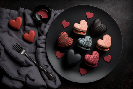heart-shaped macarons sitting on a white plate against a black backgroundの素材