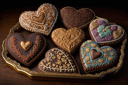 tray of heart-shaped cookies, each one decorated with different icing designsの素材