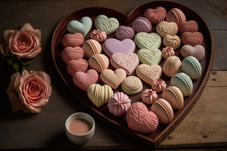 heart-shaped macarons arranged in a heart shape on display trayの素材