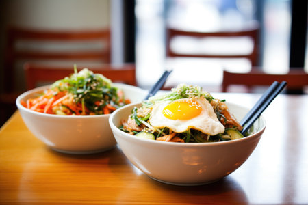 bowls of korean bibimbap ready for lunchtime customersの素材