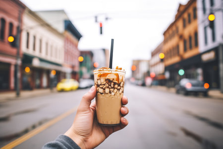 hand holding a coffee shake with a city street in the backgroundの素材
