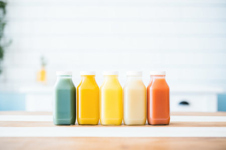 cold-pressed juice bottles in a variety of colorsの素材