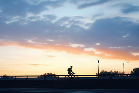 silhouette of a bicyclist on a highway shoulder at duskの素材