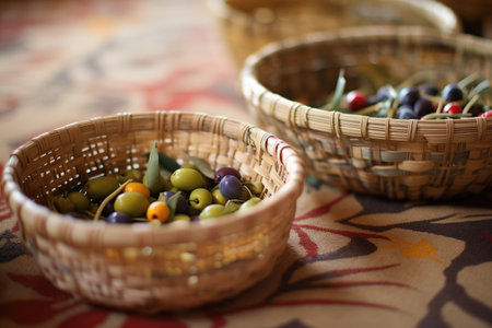 woven baskets filled with freshly harvested olivesの素材