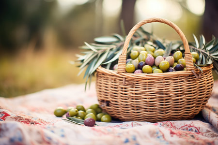 basket full of olives at the foot of an olive treeの素材