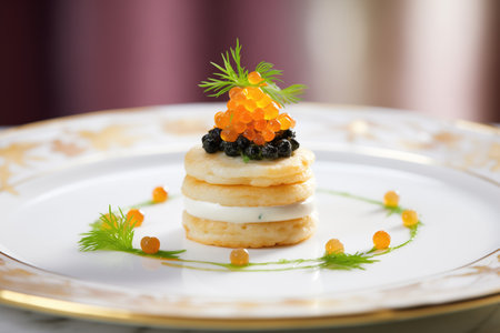 caviar on a small blini with cream and chivesの素材