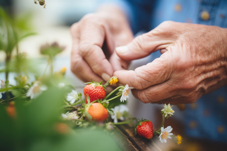 closeup of hands gently picking strawberries from plantsの素材