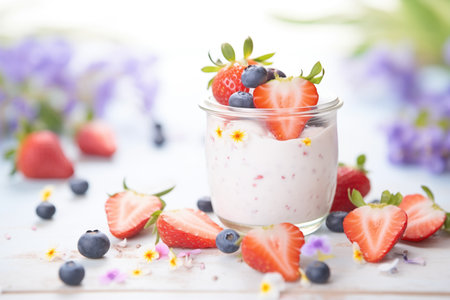 closeup of strawberry yogurt drink with fresh berriesの素材