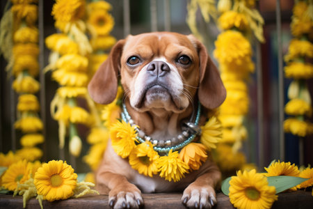 dog with a sunflower garland sitting amidst the flowersの素材