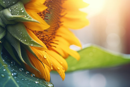 sunflower with drops of dew on the petals and leaves at sunriseの素材