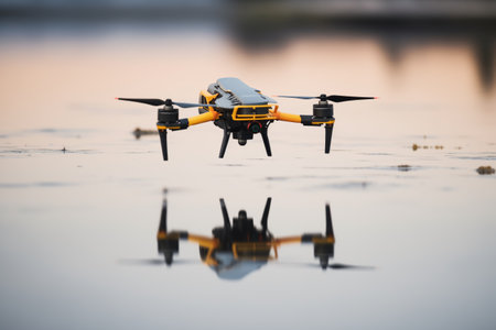 racing drone flying low over a reflective water surfaceの素材