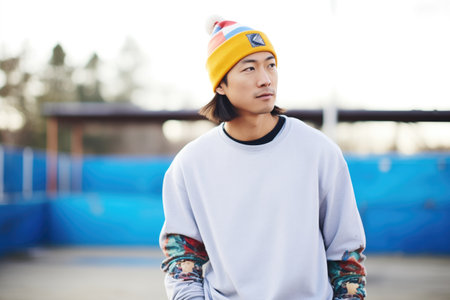 young asian man in a beanie and graphic tee at a skate parkの素材