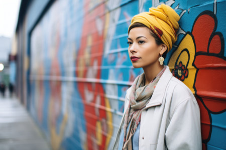 woman posing in front of wall with intricate street artの素材