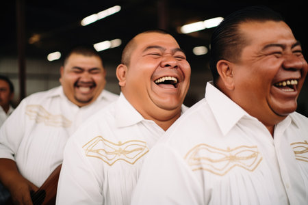 mariachi members laughing during a rehearsal breakの素材