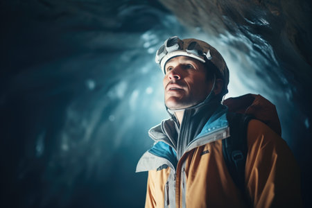 illuminated climber in a dark ice caveの素材