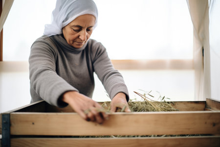 woman arranging olive branches in a wooden crateの素材