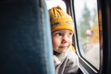 child peering out the window from bus seatの素材