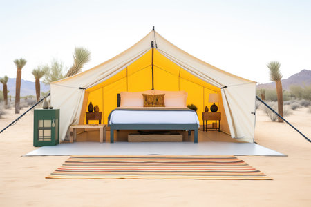 spacious canvas tent with a bed inside, desert backdropの素材