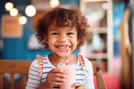 child with a big smile, sipping a strawberry shake through a strawの素材