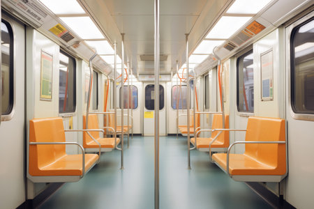 row of empty subway seats with bright lightingの素材