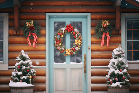 wreath on a cabins door with a snowy backdropの素材