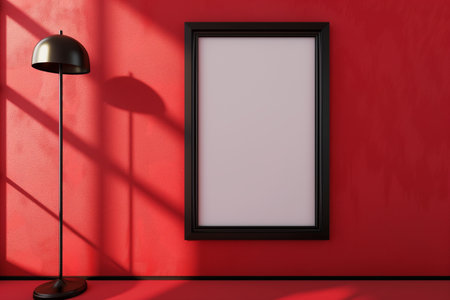 black frame centered on a red wall, modern black floor lamp besideの素材