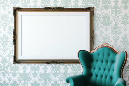 large frame centered on a wall with patterned wallpaper, teal chair in frontの素材