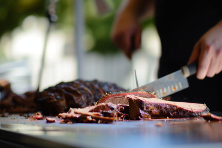 sharp tabletop with blurred backdrop of someone carving bbq meat behindの素材
