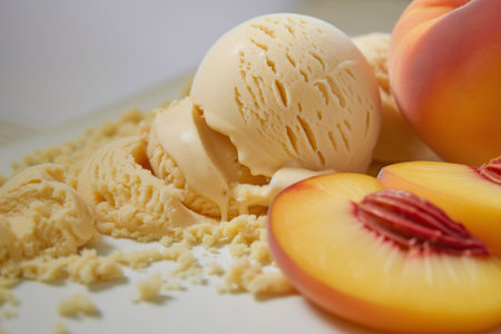 closeup of peach ice cream scoop with sliced peaches on the sideの素材