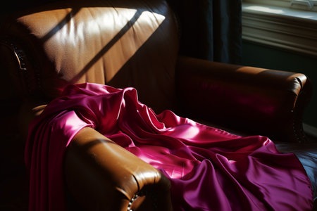 morning light illuminating a magenta silk scarf resting on a leather armchairの素材