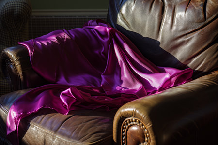 morning light illuminating a magenta silk scarf resting on a leather armchairの素材