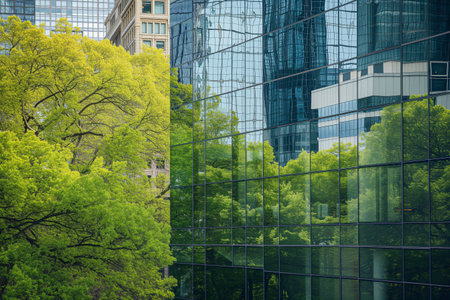 green park and trees contrasted on a modern glass buildingの素材