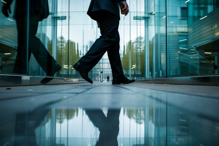 person in a suit walking past a glass building, their form mirroredの素材