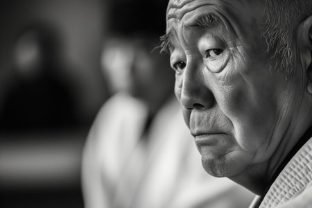 closeup of aikido masters calm face during kataの素材