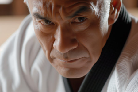 closeup of aikido masters calm face during kataの素材