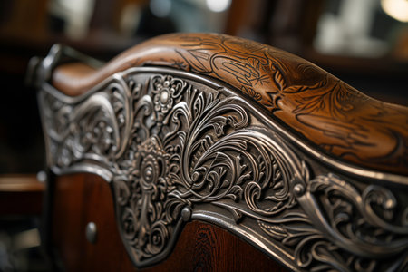 closeup of the intricate pattern on the backrest of an old barber chairの素材