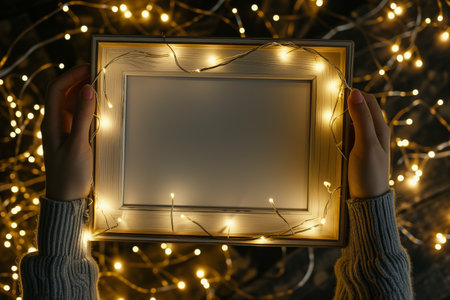 empty frame surrounded by fairy lights held by someoneの素材