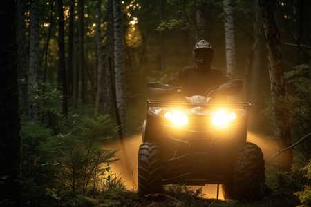 atv with bright headlights illuminating a dense forestの素材