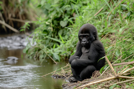 baby gorilla sitting by a jungle streamの素材