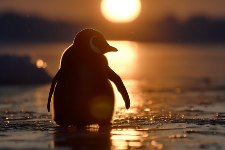 baby penguin silhouette against the setting sun on iceの素材