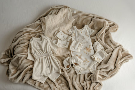newborn clothing set displayed on a plush blanketの素材