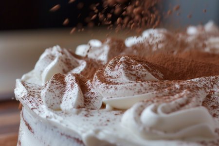 midaction sprinkle of cocoa on a freshly iced cakeの素材