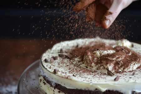 midaction sprinkle of cocoa on a freshly iced cakeの素材