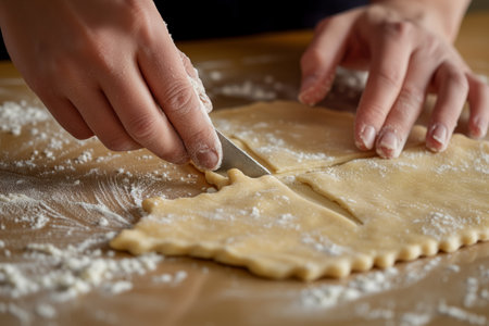 hands meticulously decorating pastry dough with a small knifeの素材