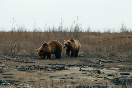 pair of bears in a clear, unburned patchの素材