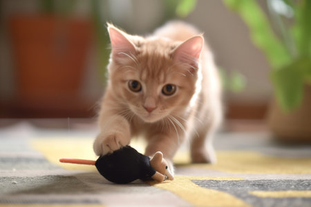 peach cat pouncing on a toy mouseの素材