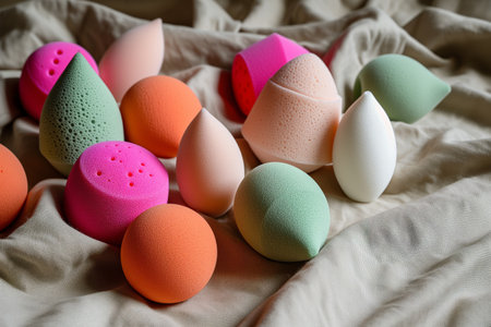 variety of colorful beauty sponges on neutral clothの素材