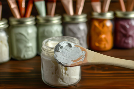 facial mask application with jars of different masks behindの素材