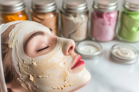 facial mask application with jars of different masks behindの素材